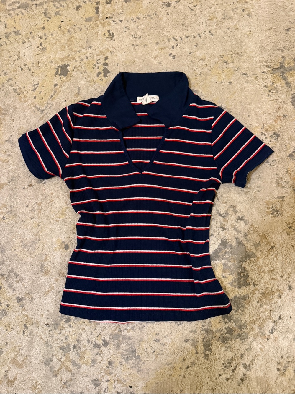 Urban Heritage Navy Polo Knit Top with Red & White Stripes